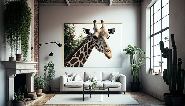 Wandgestaltung, Bild mit Giraffe im Wohnzimmer, Wohnideen mit wilden Tieren, Generative AI 