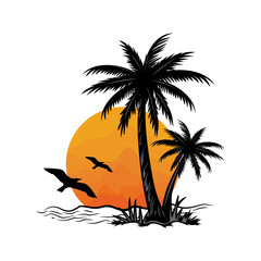 sunset logo inspiration design. beach, palm trees and sunset concept.