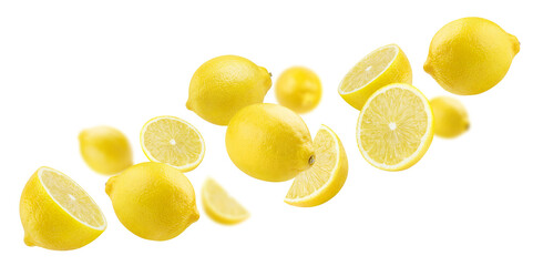 Flying delicious lemon fruits, cut out - obrazy, fototapety, plakaty