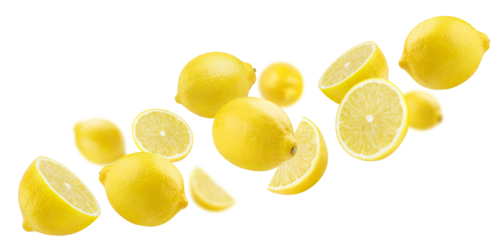 Flying delicious lemon fruits, cut out