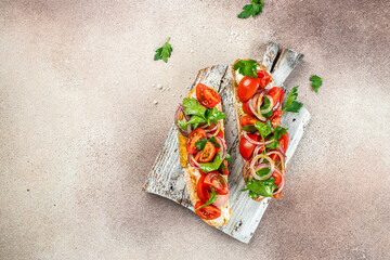 Sandwich with cottage cheese, tomatoes and basil, Delicious balanced food concept, place for text,...