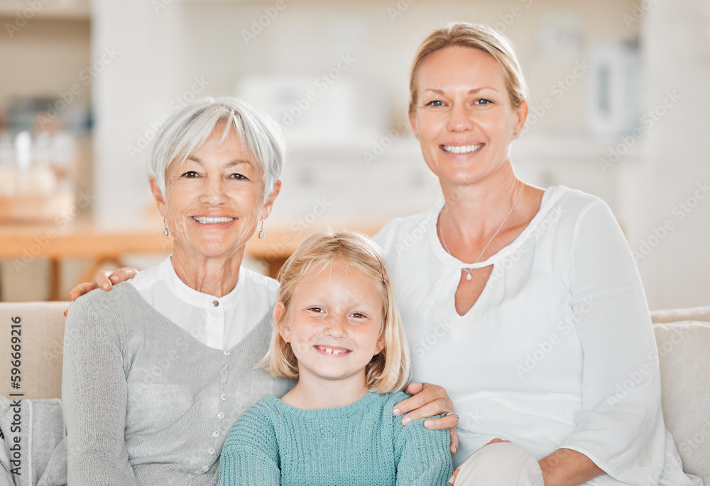 Sticker Its a family day, but just for the girls. Cropped portrait of an adorable little girl at home with her mother and grandmother.