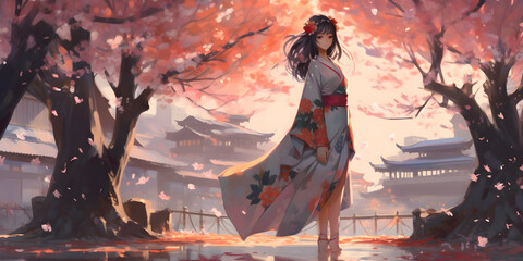 Beautiful anime girl with Focus on her beautiful eyes, full body with beautiful dress, walk among the cherry blossoms, girl in the park, woman in the forest, girl in a dress, Generative AI