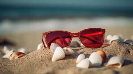 Sunglasses lying on tropical sand beach. party. white towel on desk and red glasses with seashells. Sunglasses on the beach. Generative ai