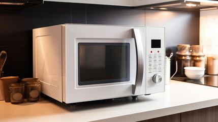 Fototapeta premium White microwave oven on counter in kitchen, generative ai