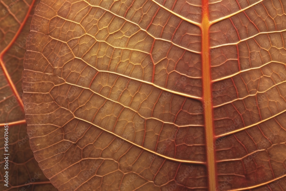 Poster the intricate texture and pattern of a single leaf, up close. generative ai