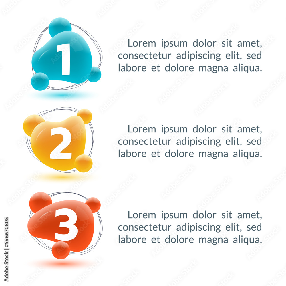 Poster 3 steps, option infographic. menu, list design with 3d abstract liquid shapes. presentation, layout 