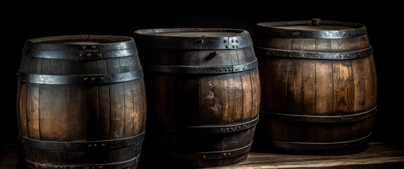 Vintage wooden barrels on the table, wooden background, rustic still lifes. Generative Ai.