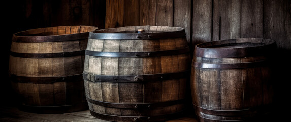 Fototapeta premium Vintage wooden barrels on the table, wooden background, rustic still lifes. Generative Ai.