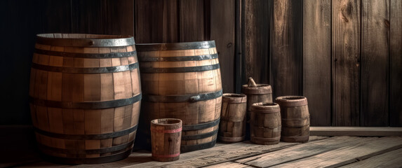 Vintage wooden barrels on the table, wooden background, rustic still lifes. Generative Ai.