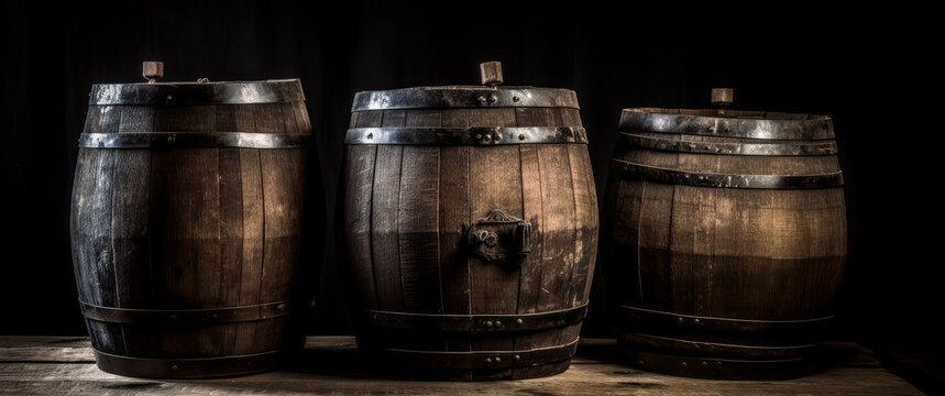 Vintage wooden barrels on the table, wooden background, rustic still lifes. Generative Ai.