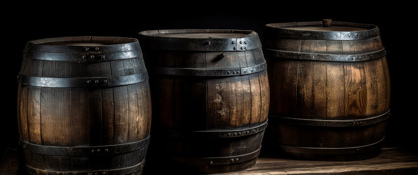Vintage wooden barrels on the table, wooden background, rustic still lifes. Generative Ai.