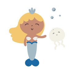 Vector illustration with cute mermaid. Isolated on a white background. Good for birthday cards, invitations, stickers, prints etc.	