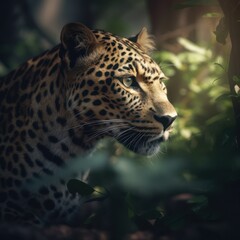 Fototapeta premium Leopard in the Jungle, Leopard Cub, Large Cat Feline Wild King of the Jungle Leaves Leaf