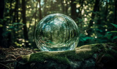 Environment earth sphere green leaf, in the style of double exposure, glass sphere in the forest grass. Generative Ai.