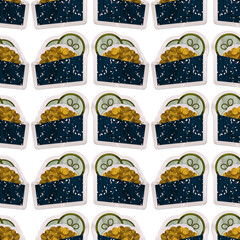 Sushi Gunkan. Stylish seamless pattern with Asian food. Paper cut print, design, background