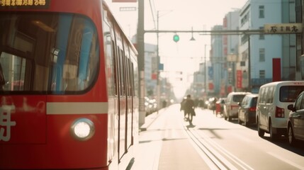 Naklejka na ściany i meble Red light rail tram on tracks in city street, Generative AI