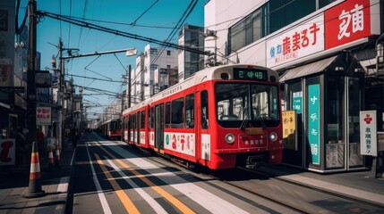 Plakat Red light rail tram on tracks in city street, Generative AI