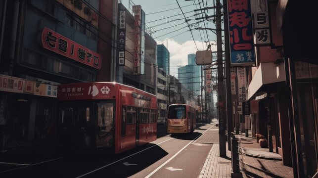 Red light rail tram on tracks in city street, Generative AI