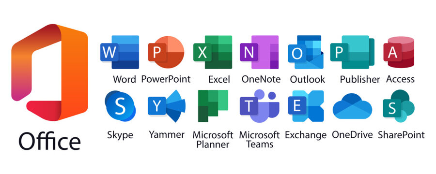 Microsoft Office 365: Excel, PowerPoint, Publisher, Sway, Outlook, SharePoint, Access, Exchange, Word, Yammer, OneDrive, Teams, Skype, OneNote, Yammer. Editorial vector