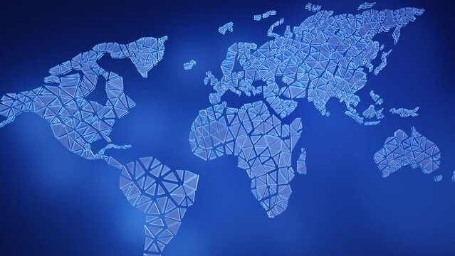 Concept map of the global world. 4k Video of a blue map of the planet made up of glass fragments of plexiglass. 3d illustration.