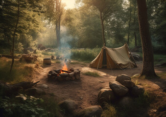 Campsite tent in the forest, generative ai	