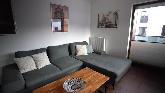 Grey sofa in the living room interior with beautiful photographs on the wall