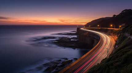 Sunset over the Sea cliff bridge along Pacific ocean coast with lights of passing cars near Sydney. Generative Ai