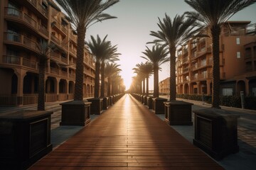 Stunning walkway lined with palm trees along Valencia's marina at sunrise in Spain. Generative AI