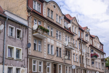 Fototapeta premium Residential buildings on Lukasinski Street in Klodzko historic town in the region of Lower Silesia, Poland