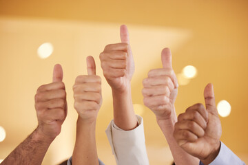 Were all rooting for you. Closeup shot of a group of unrecognisable businesspeople showing thumbs up in an office.