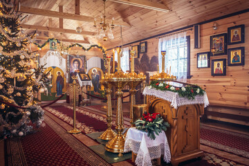 Fototapeta na wymiar Interior of orthodox church of Skete of St Anthony and Theodosius of Kiev monastic community in Odrynki village, Poland
