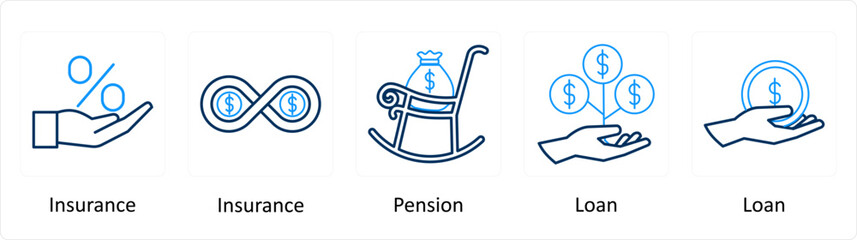 A set of 5 Extra icons as insurance, pension, loan