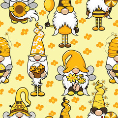 Garden honeybee gnomes pattern design in bee colors - funny drawing seamless pattern. wallpaper, wrapping paper. 