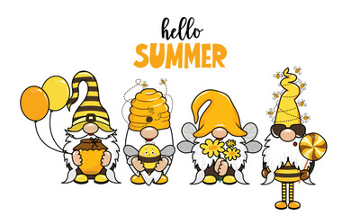 Hello Summer - hand drawn modern gnomes illustration. Perfect for advertising, poster, announcement or greeting card. Beautiful gnomes in Honeybee costume.