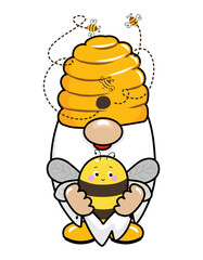 Bumble bee gnome - hand drawn modern gnome  illustration. Perfect for advertising, poster, announcement or greeting card. Beautiful gnome in Honeybee costume.