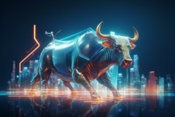 3D illustration of a futuristic bull on a stock market background, depicting bullish divergence. Generative AI