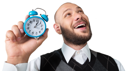 Creative funny pensive businessman with alarm clock with concept strategy