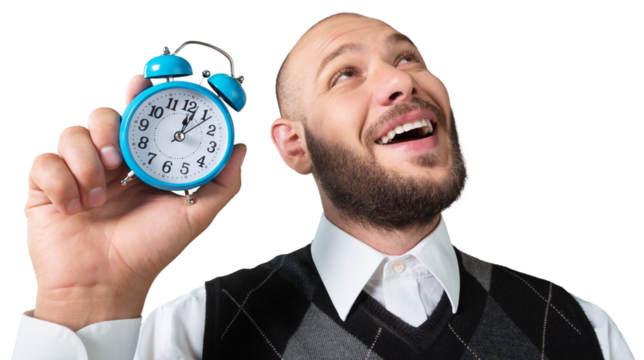 Creative funny pensive businessman with alarm clock with concept strategy