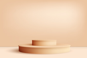 Beige cylindrical podium in the studio room. 3d render with a podium to showcase or promote a product. Stage showcase on a beige studio pedestal.