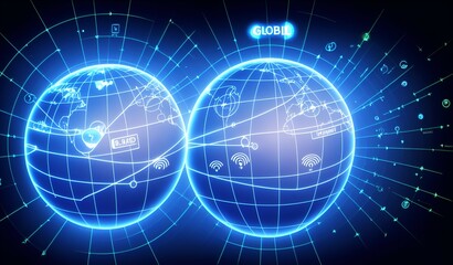 Photo of two blue globes with the word global