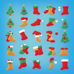 Photo of a colorful collection of Christmas stockings and socks on a blue background