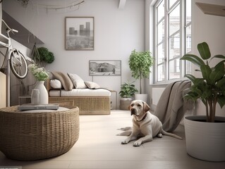 Moderne Stadt Wohnung mit einem Labrador als Haustier, generative AI.