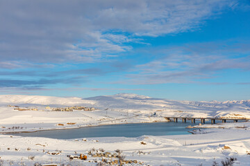 Erzincan Province, İliç District with snowy landscapes, river and historical bridge