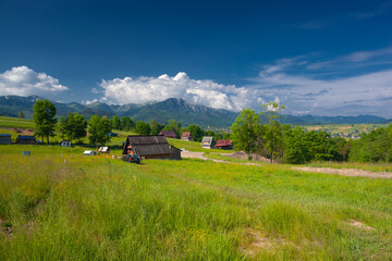 Bacówka na Olczy w Zakopanem. Górskie domy wśród zielonej trawy na tle gór i zachmurzonego nieba. © rogozinski