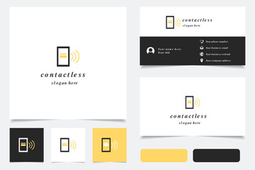 Contactless logo design with editable slogan. Branding book and business card template.