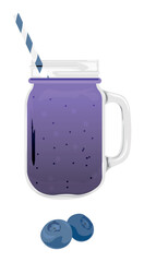 Mason jar of fresh blueberry smoothie on white background