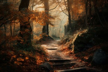 Plakat Picturesque autumn forest with golden leaves and a pathway. Generative AI