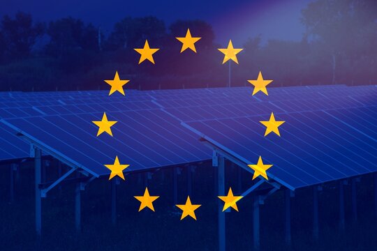 European flag with solar panels as background . Concept of Repower Eu