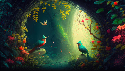 Obraz na płótnie Canvas Entrance to fairy forest with birds and flowers, fantasy scene. Generative AI